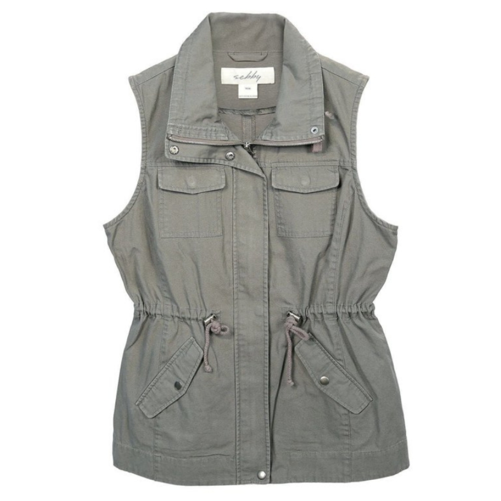 Sebby Womens Size M Sleeveless Zip/Button Up Canvas Jacket, Olive